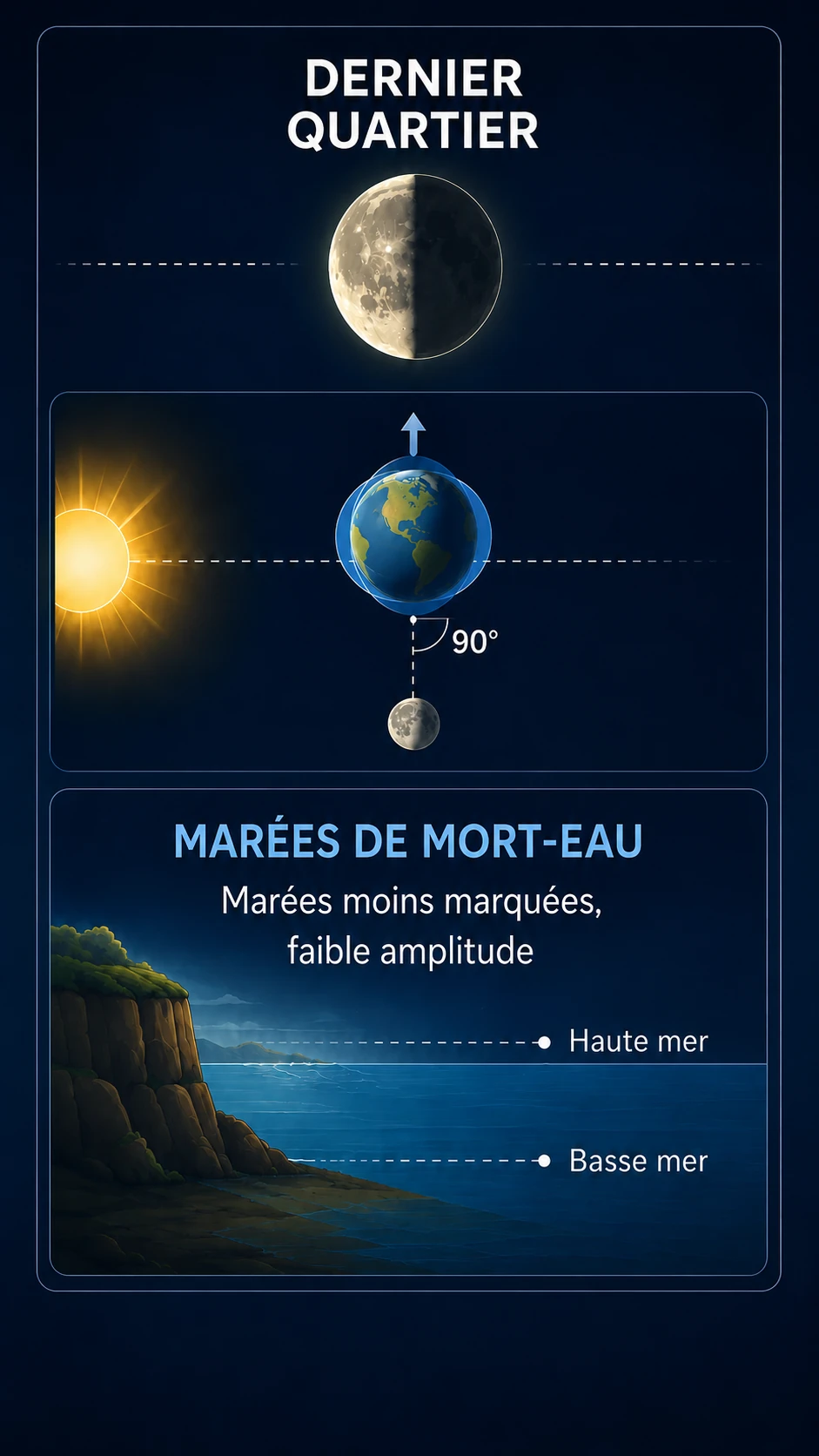 Schéma du dernier quartier montrant des marées de morte-eau avec amplitude plus faible