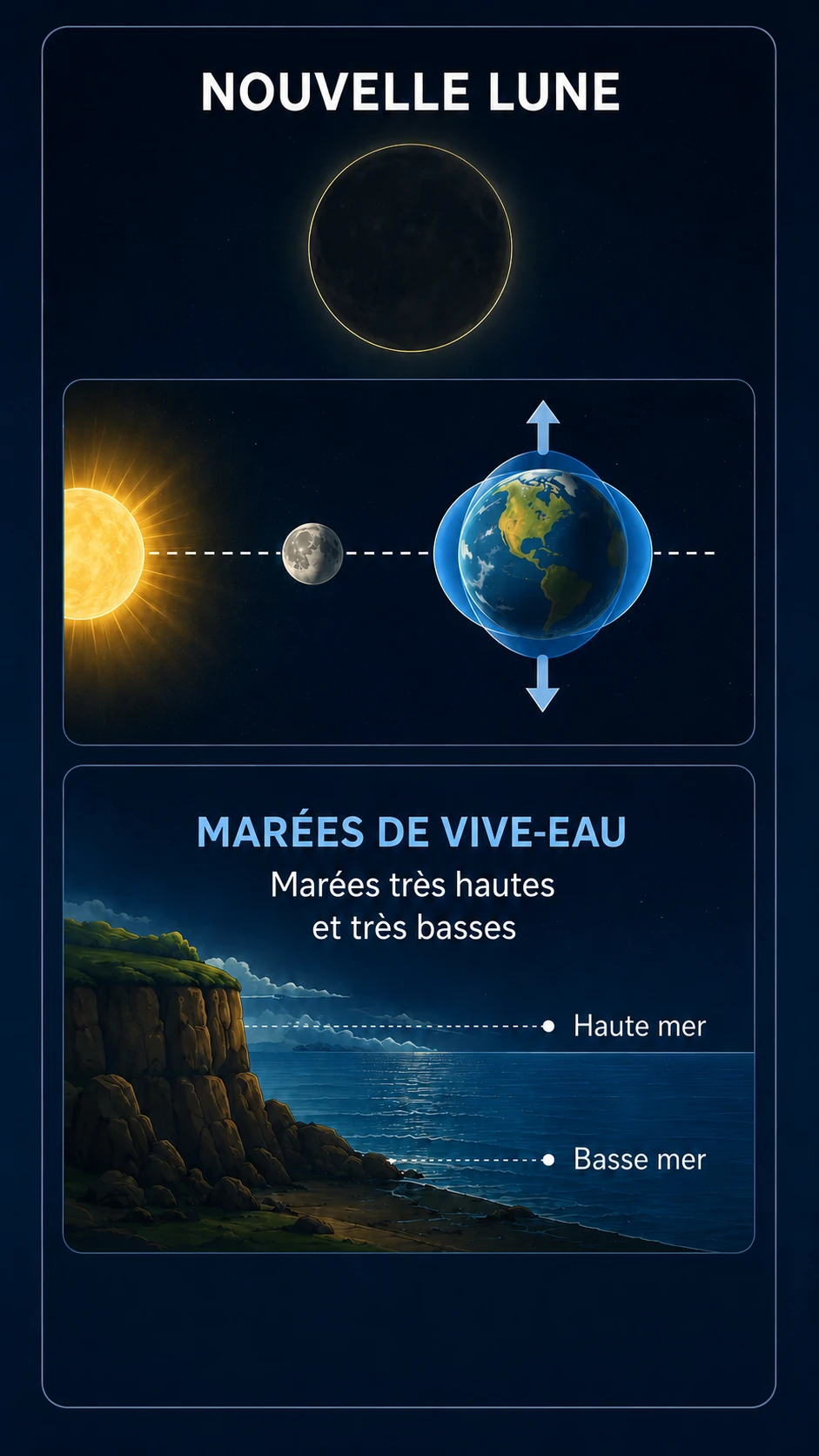 Schéma de la nouvelle Lune montrant des marées de vive-eau, avec marée haute et basse mer