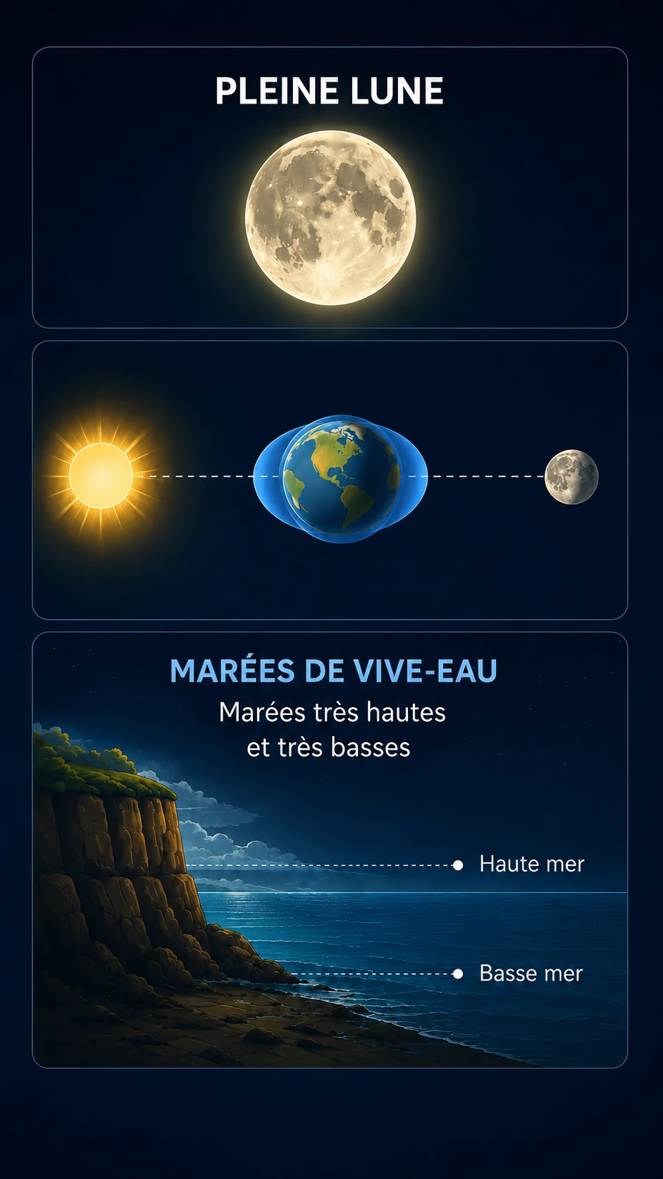 Schéma de la pleine Lune montrant des marées de vive-eau, avec marée haute et basse mer