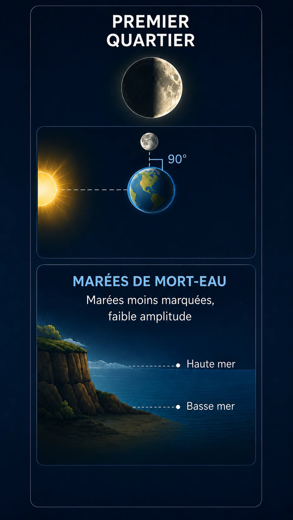 Schéma du premier quartier montrant des marées de morte-eau avec amplitude plus faible