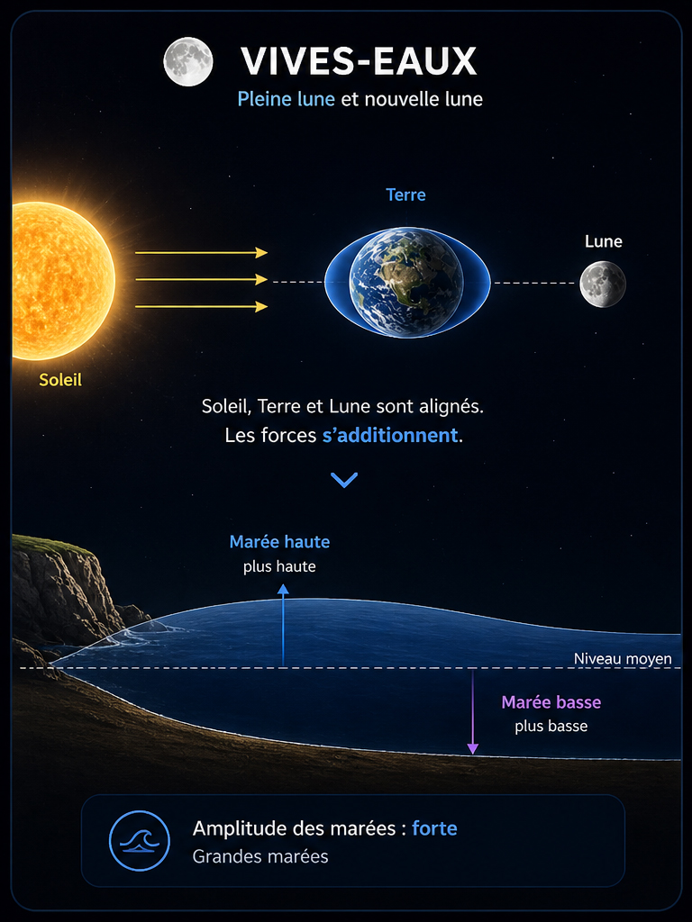 Schéma comparant les vives-eaux et les mortes-eaux
