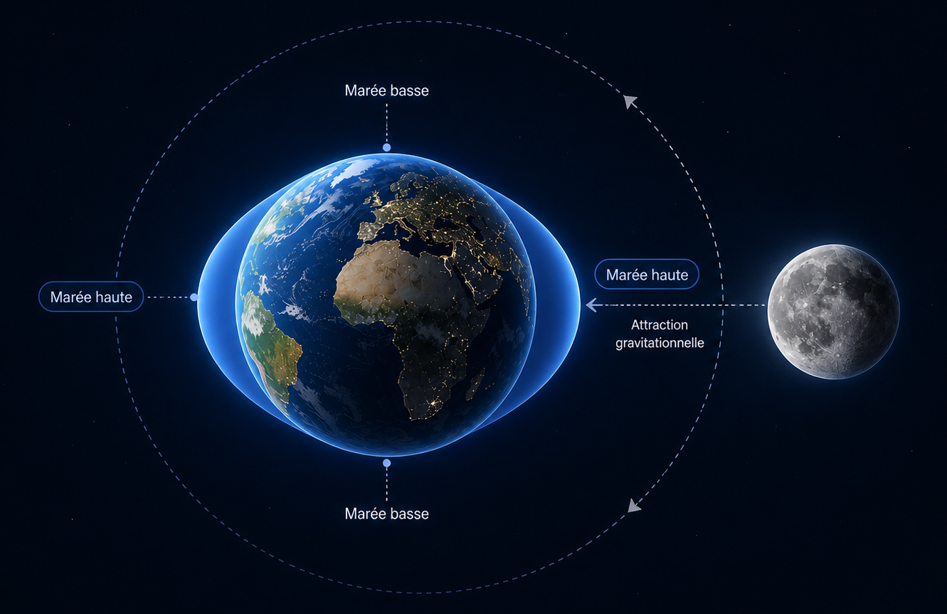 Schéma montrant l’influence de la Lune sur les marées