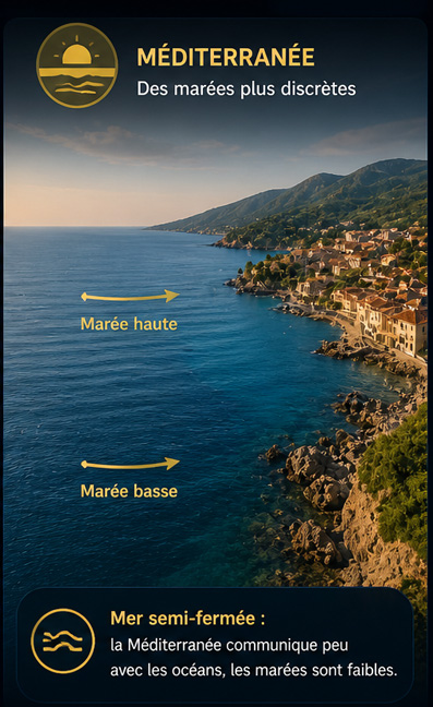 Schéma des marées faibles en Méditerranée