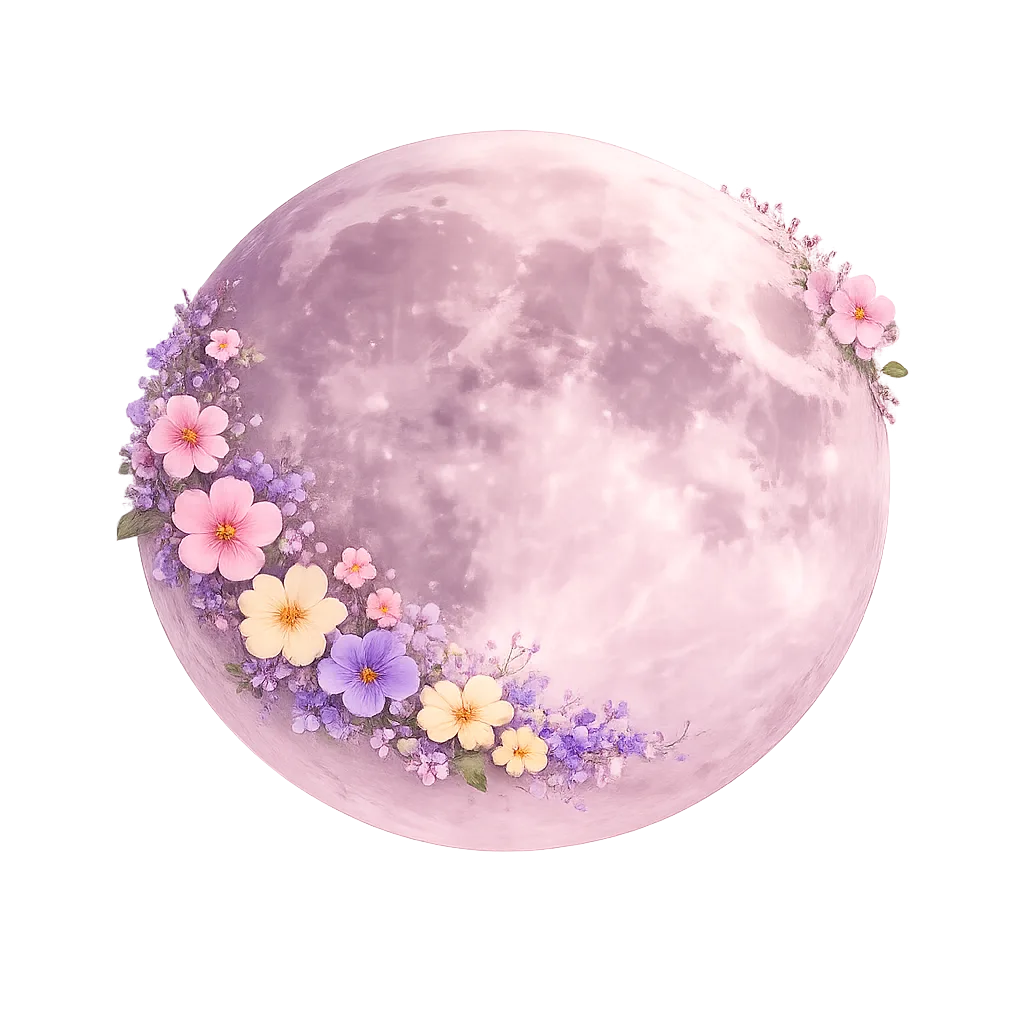 Lune Rose avec fleurs printanières intégrées dans la pleine lune